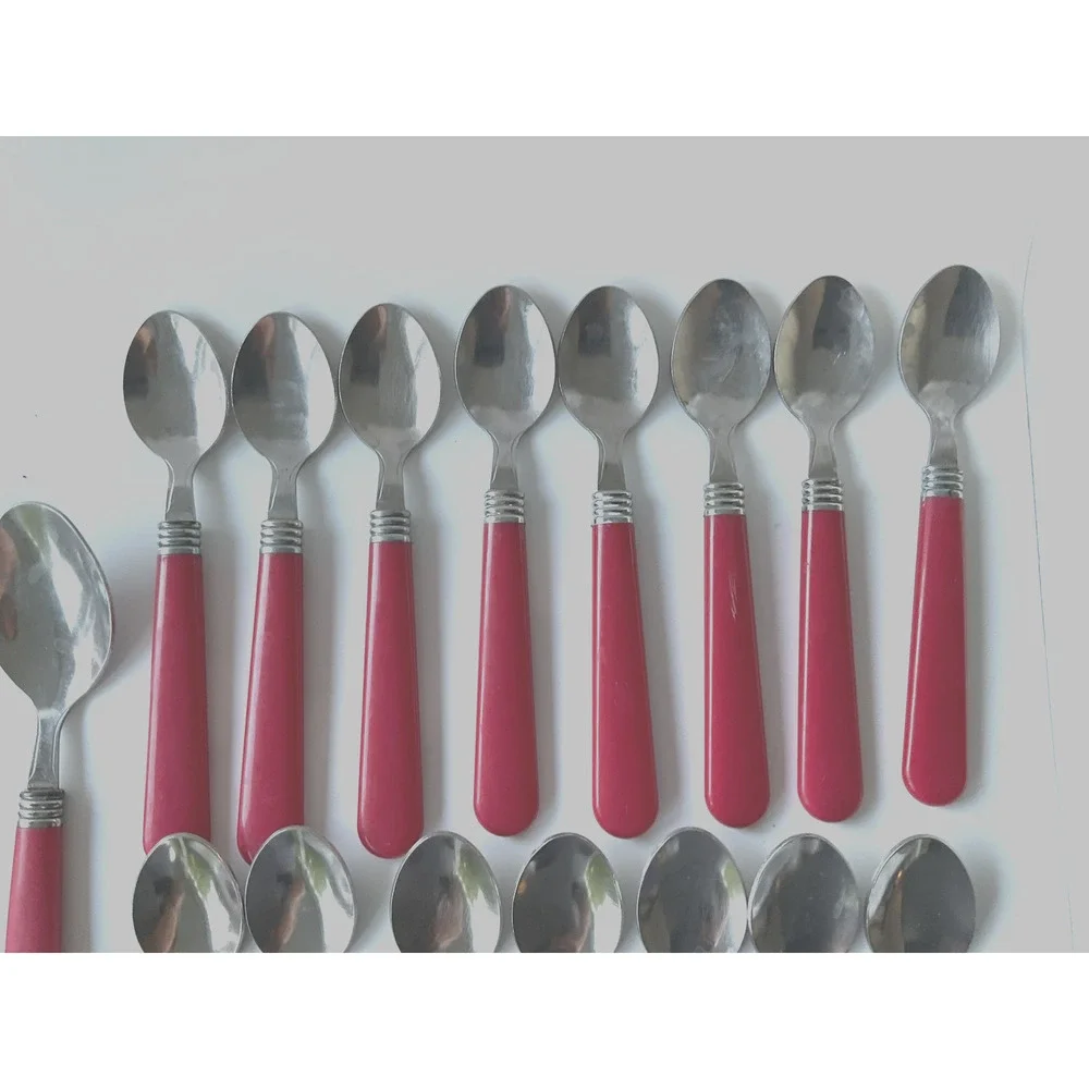 19pc Red Handle Stainless Steel Tablespoon Teaspoon Lot Retro MCM
